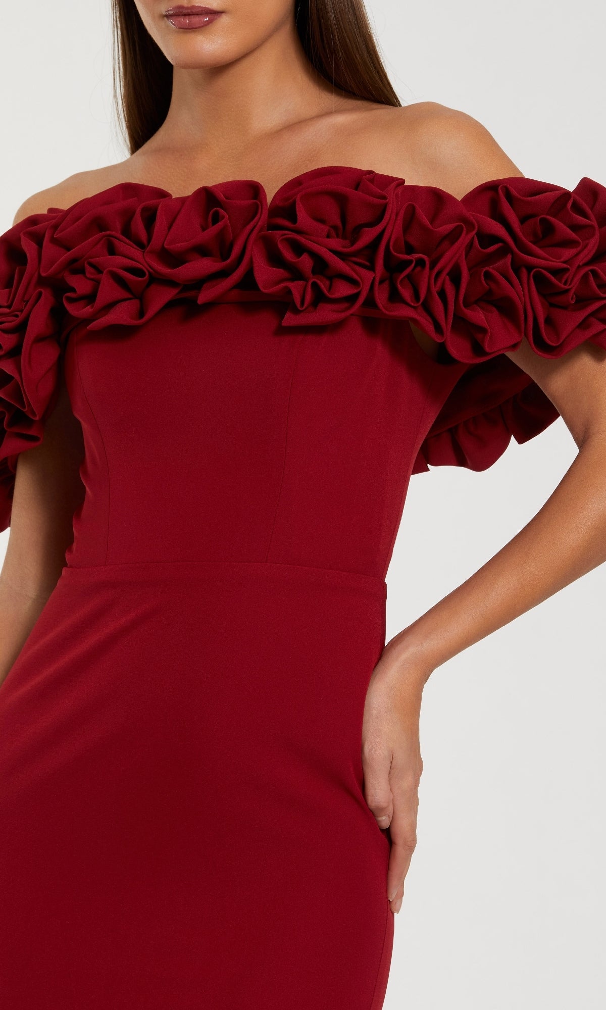 Mac Duggal Off-The-Shoulder Gown With 3D Roses - Ruby Mac Duggal Off-The-Shoulder Gown With 3D Roses - Ruby