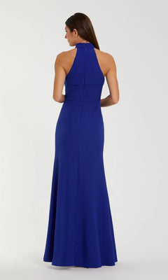A woman faces away, wearing the Mac Duggal 50053 long formal dress—a sleeveless royal blue gown with a high halter neck, fitted bodice, and elegant floor-length silhouette.