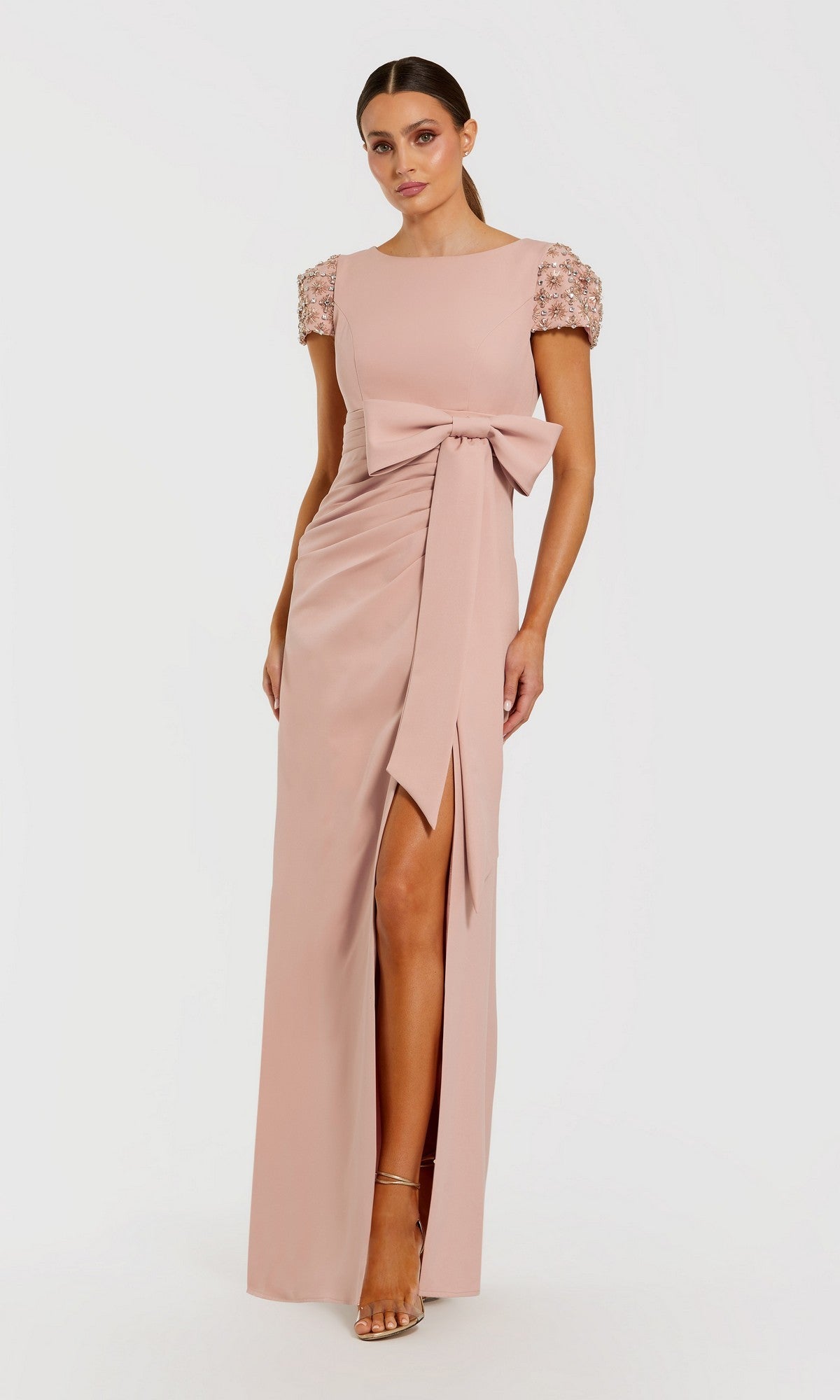 Pink Beaded Cap Sleeve Crepe Gown With Bow and Slit