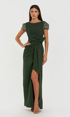 Mac Duggal Women's Beaded Cap Sleeve Crepe Gown with Bow and Slit - Forest Green Mac Duggal Women's Beaded Cap Sleeve Crepe Gown with Bow and Slit - Forest Green