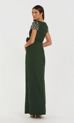 Ieena for Mac Duggal - Dark Green Beaded Cap Sleeve Crepe Gown With Bow and Slit