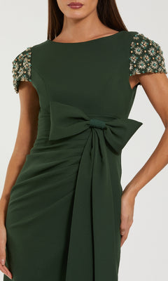 Ieena for Mac Duggal - Dark Green Beaded Cap Sleeve Crepe Gown With Bow and Slit - US 12 Ieena for Mac Duggal - Dark Green Beaded Cap Sleeve Crepe Gown With Bow and Slit - US 12