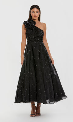 black dress with pearls all over Mac Duggal Pearl Beaded Organza One Shoulder Midi Dress, Womens, 10, Black Ivory