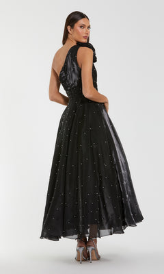 Mac Duggal Pearl Beaded Organza One Shoulder Midi Dress, Womens, 10, Black Ivory Mac Duggal Pearl Beaded Organza One Shoulder Midi Dress, Womens, 10, Black Ivory