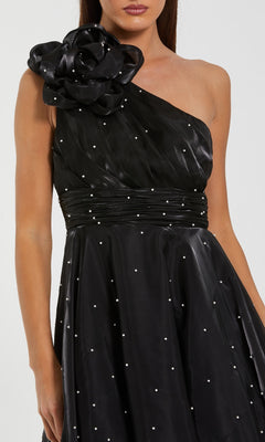 Mac Duggal Pearl Beaded Organza One Shoulder Midi Dress, Womens, 10, Black Ivory