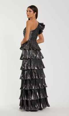 Long Metallic Gunmetal Formal Dress with One-Shoulder PromGirl Long Metallic Gunmetal Formal Dress with One-Shoulder PromGirl