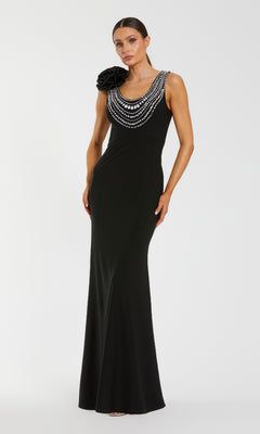 Ieena for Mac Duggal - Black Beaded Scoop Neck Jersey Gown With 3D Flower