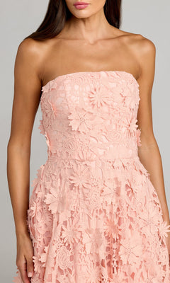 A woman wearing the Mac Duggal 50118 long formal dress, a strapless light pink lace design with elegant floral embroidery, shown from shoulders to mid-thigh.