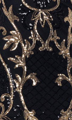 Close-up of the One-Sleeve Short Black and Gold Hoco Dress 5013BN, featuring black quilted diamond-pattern fabric with gold sequin floral and vine embroidery—ideal for a stylish junior-size party or homecoming look.