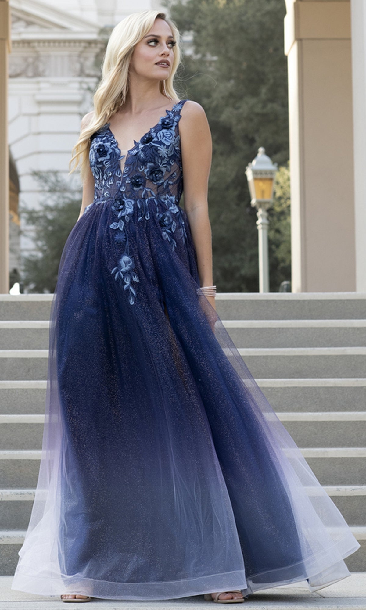 Navy Blue Glitter Ombre Long Prom Dress 5015