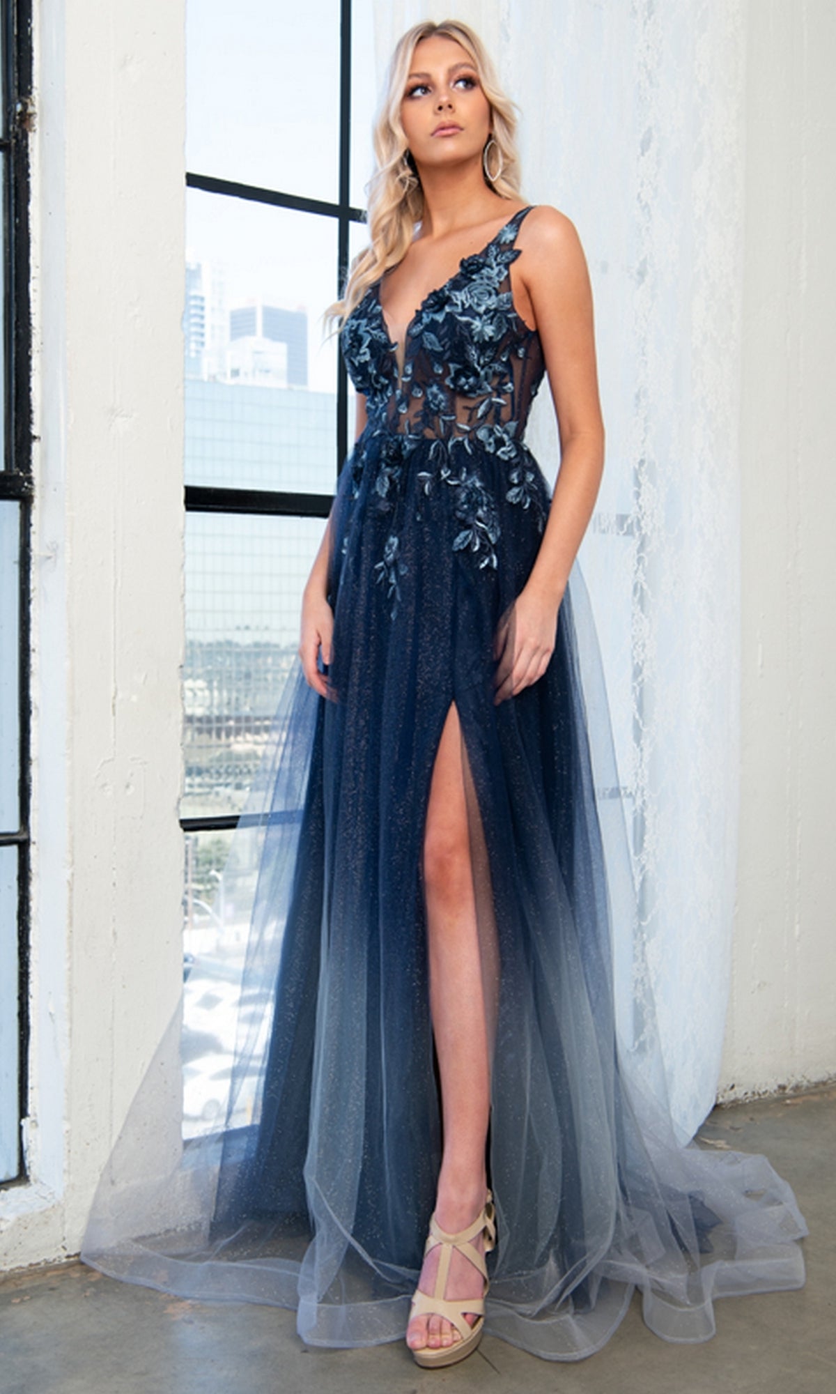Navy Blue Glitter Ombre Long Prom Dress 5015