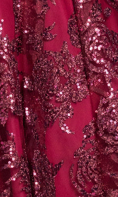 Close-up of periwinkle fabric from the Short Periwinkle Hoco Dress: Blondie Nites 5017BN, featuring intricate floral patterns with sequins and glittery embroidery—perfect for a standout short party dress.