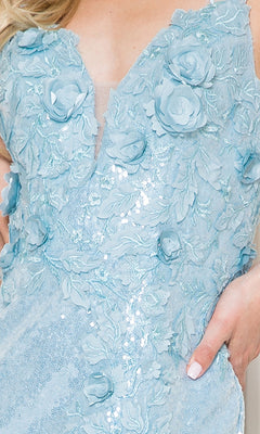 Close-up of the Floral-Embellished Long Sequin Prom Dress 5020 in light blue, featuring sparkling sequins and 3D floral appliqué, with a hand resting on the hip.