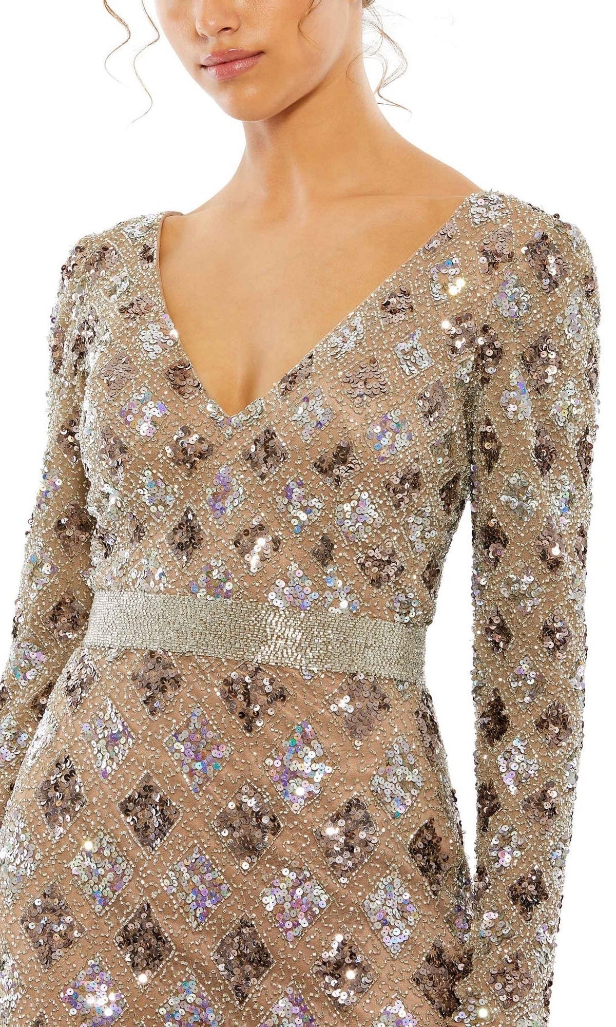 A mother of the bride wears the Mac Duggal 5021, a long sleeve beaded formal dress featuring a V-neck, silver sequin embellishments, and a textured waist belt.