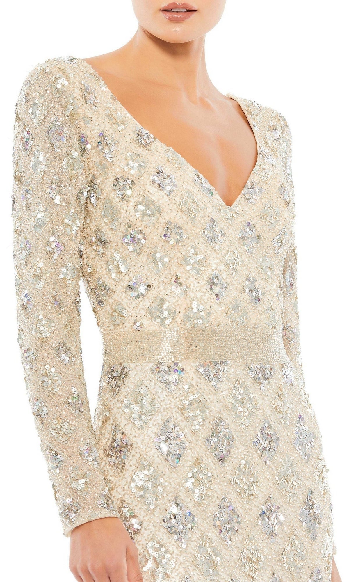 Beaded Long V-Neck Formal Dress with Long Sleeves– PromGirl
