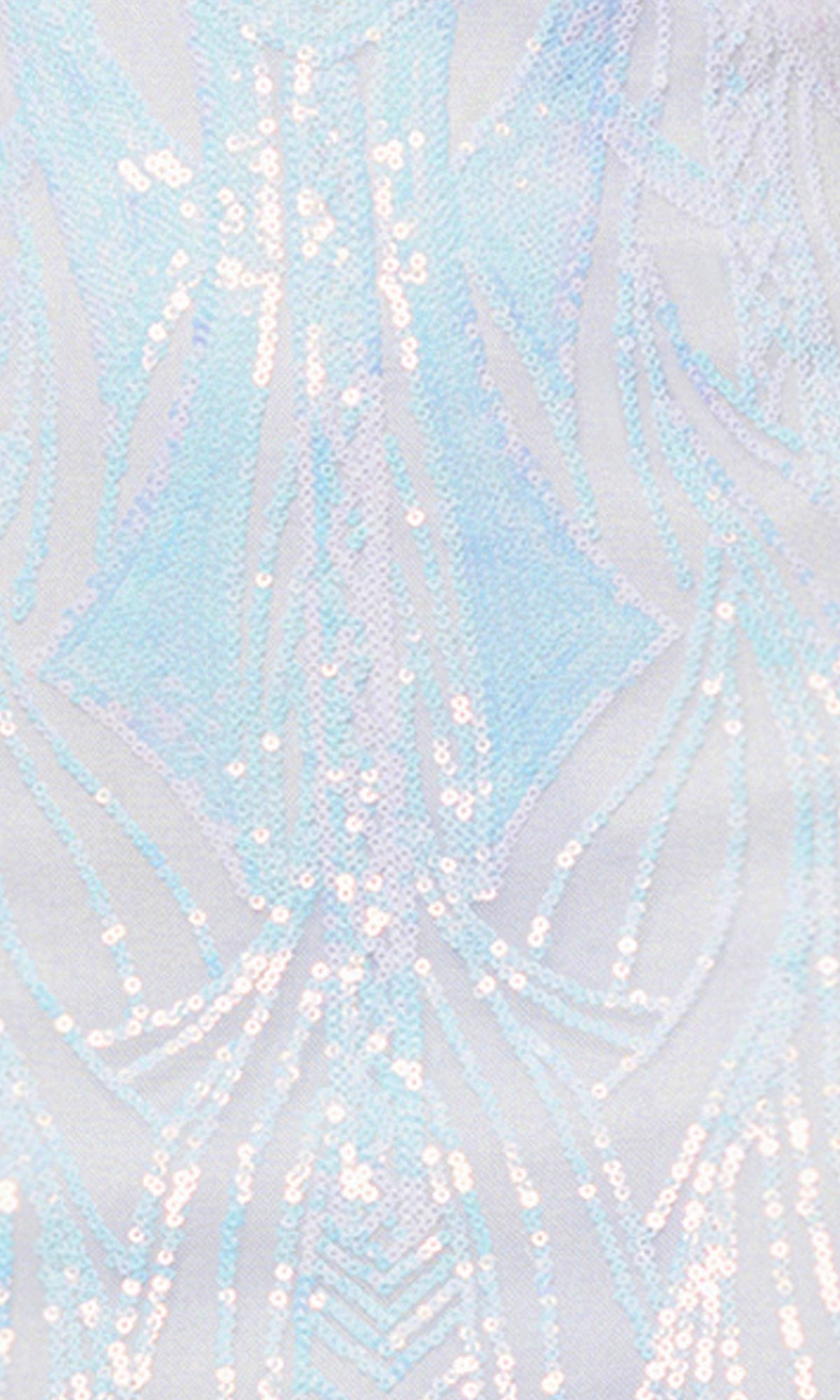 Close-up of iridescent sequins in an abstract geometric pattern on light fabric from the Cut-Out Short White Sequin Homecoming Dress 5038BN.