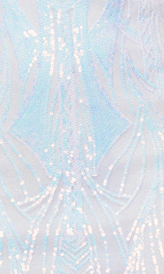 Close-up of iridescent sequins in an abstract geometric pattern on light fabric from the Cut-Out Short White Sequin Homecoming Dress 5038BN.