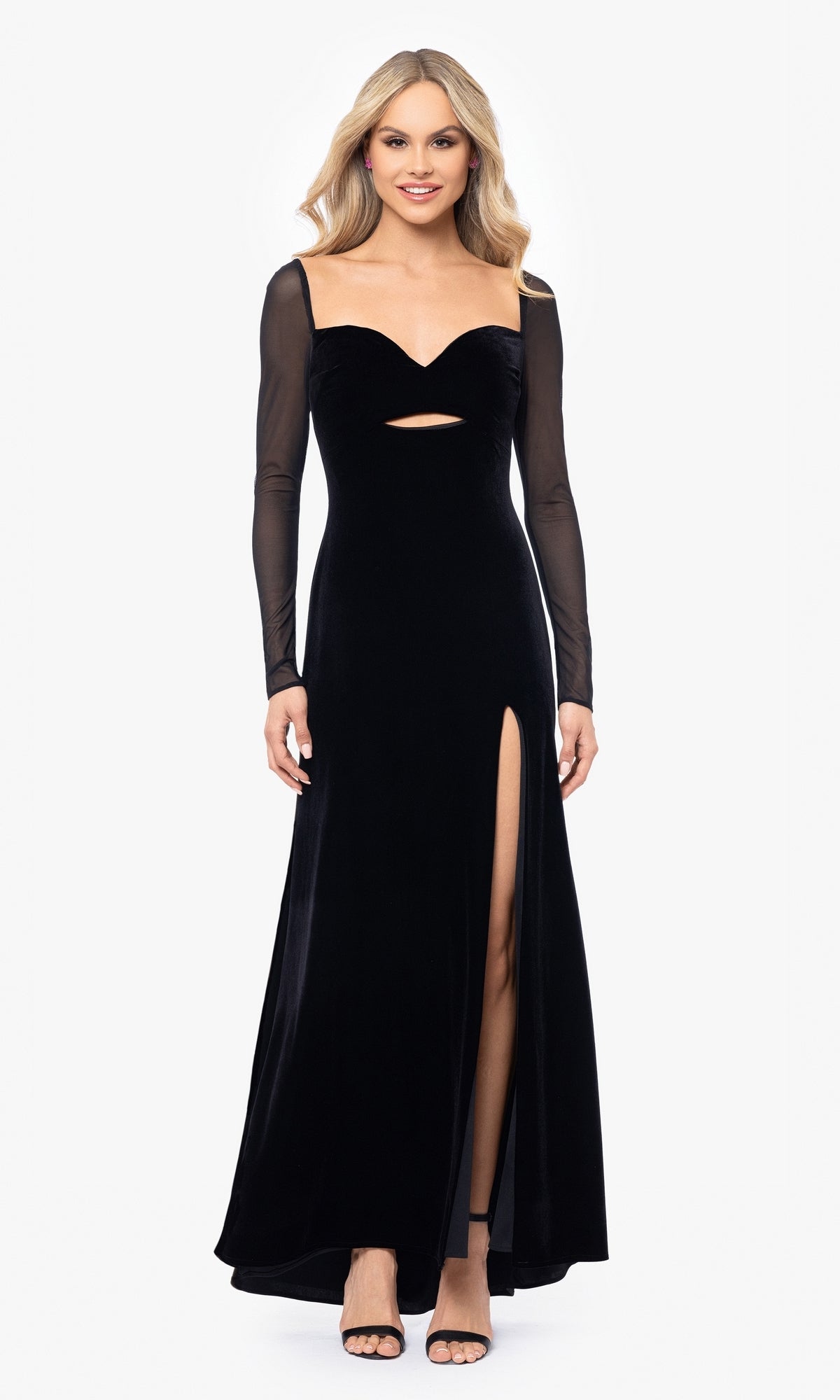 Blondie Nites Juniors' Long Sheer-Sleeve Velvet Dress - Black