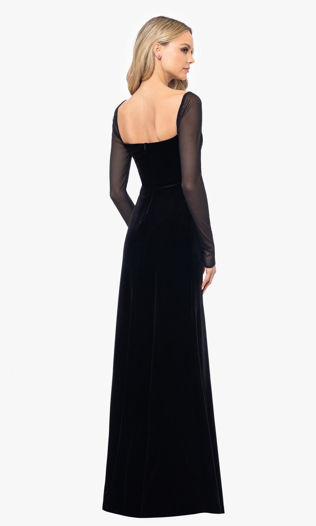 Blondie Nites Juniors' Long Sheer-Sleeve Velvet Dress - Black