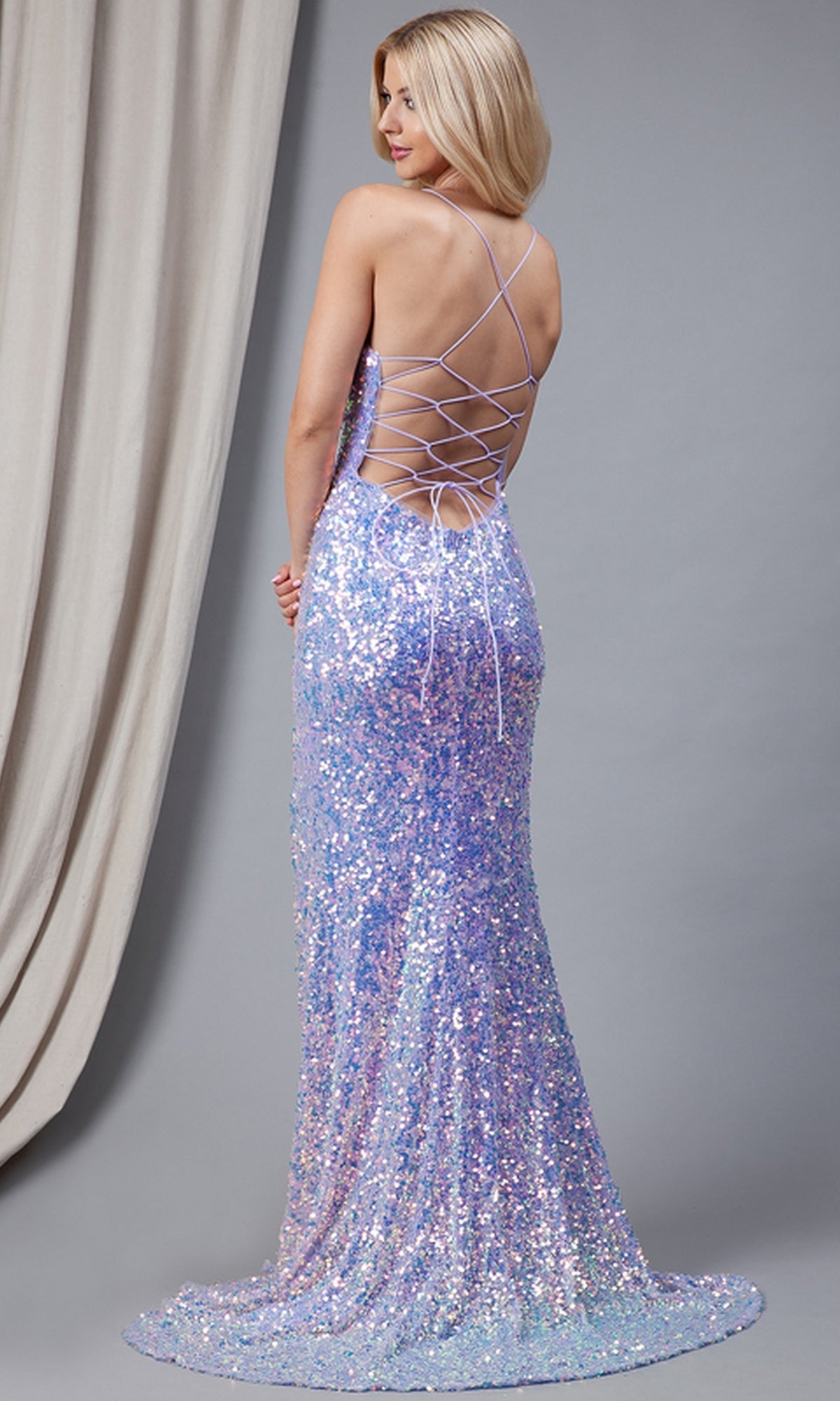 Lace-Up Corset-Back Long Sequin Prom Dress 5046