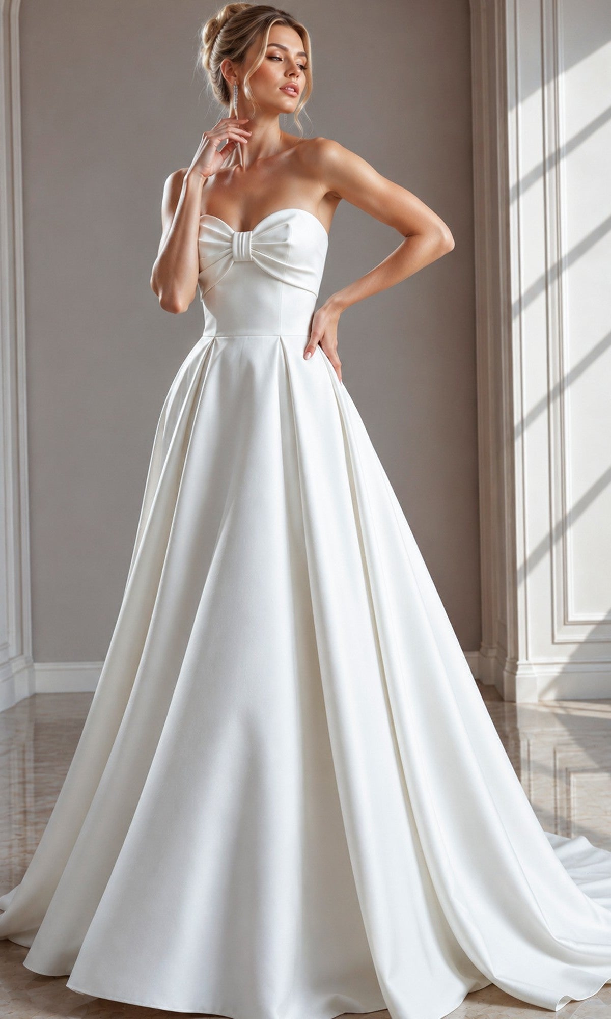 A woman wearing the Jovani 50534 long formal dress in off white, featuring a strapless satin design with a fitted bodice and full skirt, stands indoors in a softly lit room.