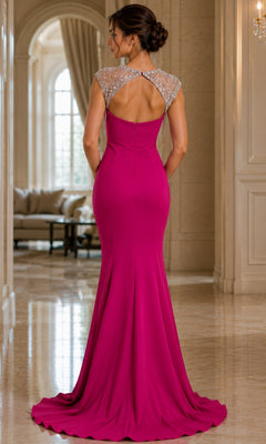 A woman wearing the Jovani 50549 long formal dress, a floor-length magenta gown featuring beaded cap sleeves and an open back, stands in an elegant, sunlit room with marble floors and arched windows.