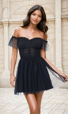 Off-Shoulder Short Black Homecoming Dress 5054BN Black / 0 Off-Shoulder Short Black Homecoming Dress 5054BN Black / 0