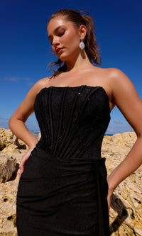 Side Drape Strapless Long Black Prom Dress 5054