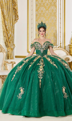 Wearing the Quinceanera Dress 5060 By Dancing Queen in hunter green, a woman with a matching crown stands in an ornate, gold-accented room.
