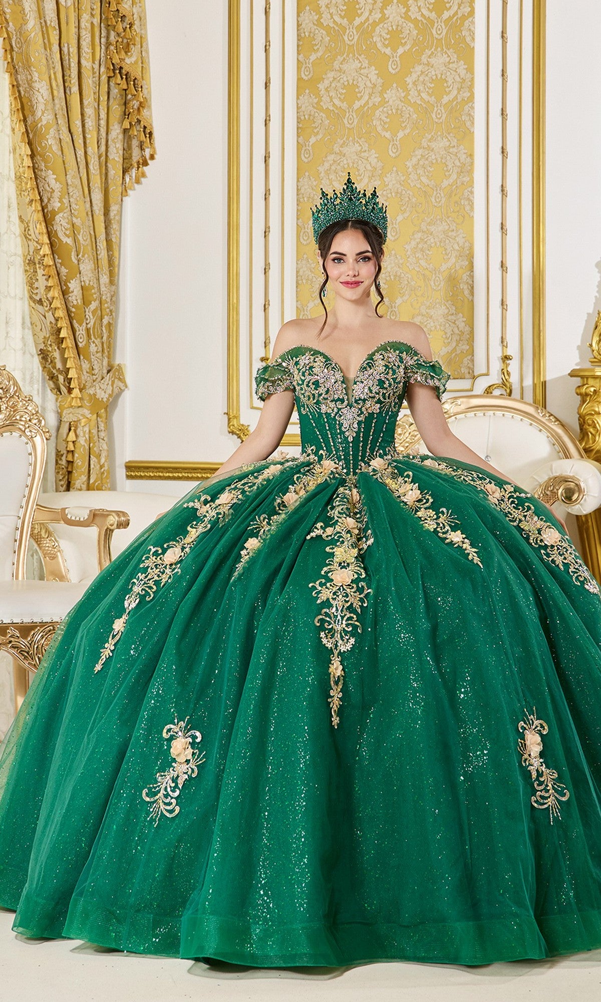emerald green and gold quince dress Dancing Queen 5060 Long Quinceanera Dress– PromGirl
