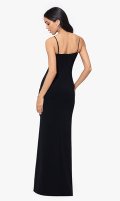 A woman models the Long Prom Dress 5063BN by Blondie Nites, featuring a fitted silhouette and thin straps, standing with her back to the camera against a plain white background.