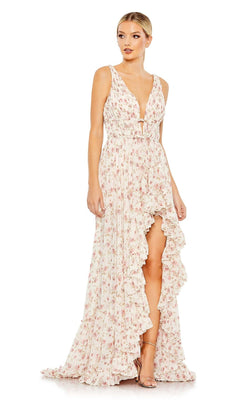 A woman models the Mac Duggal 50659 Floral-Print Maxi Party Dress, featuring a sleeveless design, deep V-neckline, ruffled trim, and front slit, while standing against a plain background.