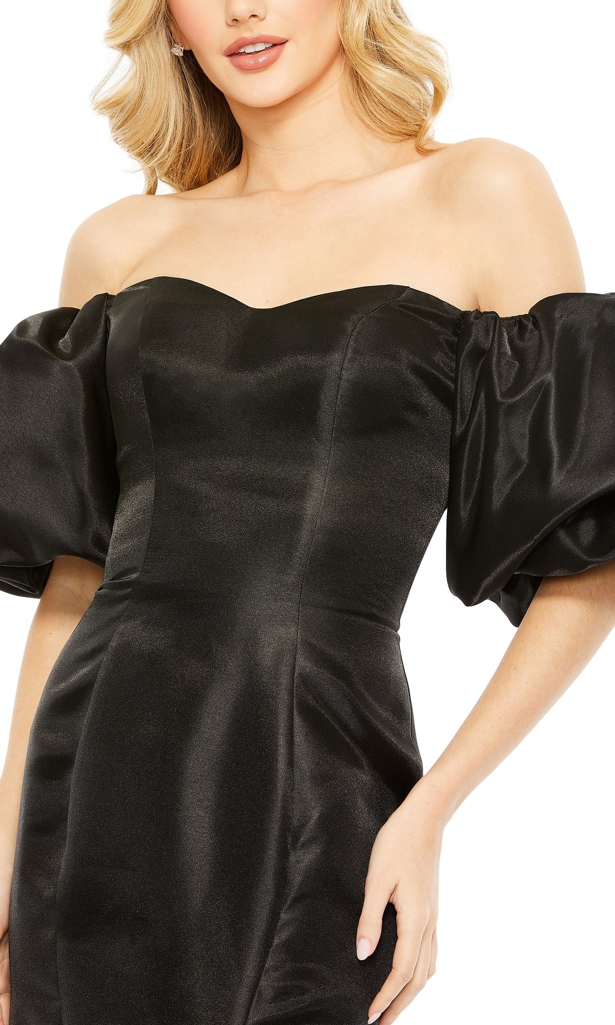 Woman shown from mid-torso up wearing the Mac Duggal 50677 Off-the-Shoulder Long Gala Gown in black, featuring puffed short sleeves and a formal design.