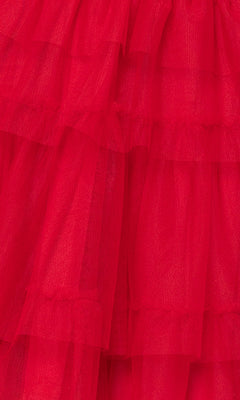 Close-up of layered red tulle fabric with textured, ruffled tiers—ideal for the Cut-Out Short Ruffled Homecoming Dress 5098BN.