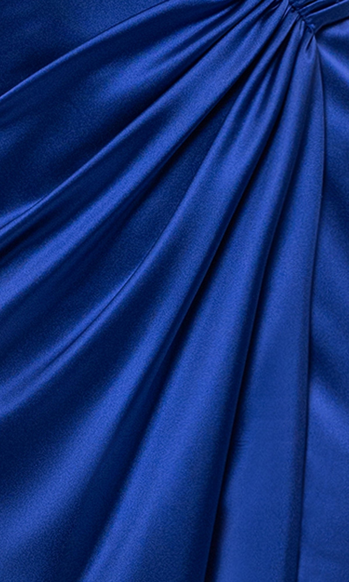 Close-up of the Long Stretch Satin Prom Dress: Blondie Nites 5119N in royal blue, featuring stretch satin fabric with gathered, draped folds for a textured, shiny surface.