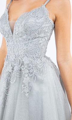 Close-up of a person wearing the Corset-Back Short Glitter Homecoming Dress 5125J, featuring silver semi-formal style with intricate lace embroidery, bead detailing, and a sheer mesh neckline insert.