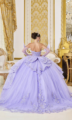 A lavender lilac Quinceanera Dress 5129 By Dancing Queen featuring a beaded corset bodice, sheer sleeves, a full ruffled skirt, and silver floral embroidery.