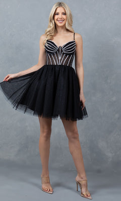 Short Black Homecoming Dress with Sheer Glitter Corset– PromGirl