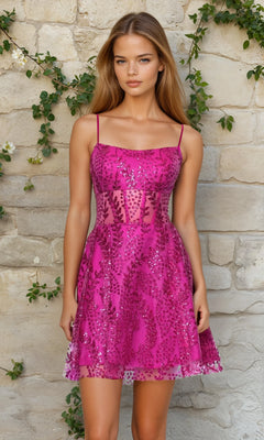 Sheer-Corset Short Homecoming Dress with Glitter Hot Pink / 11
