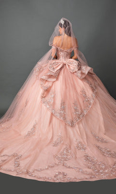 A woman stands facing away against a plain gray background, wearing the Quinceanera Dress 5158 by Dancing Queen—an elaborate pastel gown with a beautifully embroidered corset bodice, flowing tulle ballgown skirt, delicate floral embroidery, and a long train. She completes her look with a veil and jeweled hairpiece.