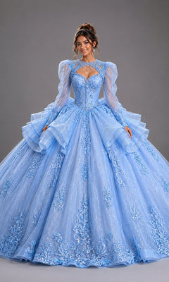 Bahama blue Quinceanera Dress 5167 By Dancing Queen featuring a sweetheart neckline, puff sleeves, and ornate embroidered lace appliques on the bodice and full skirt.