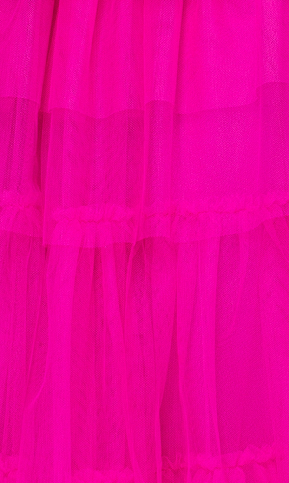 Close-up of bright pink layered tulle with ruffles from the Long Hot Pink Prom Dress: Blondie Nites 5187BN, priced under $200.
