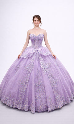 A woman stands against a plain white background, wearing the Quinceanera Dress 5188 by Dancing Queen in lilac, which features a strapless corset bodice and a flowing ballgown skirt adorned with intricate floral embroidery.