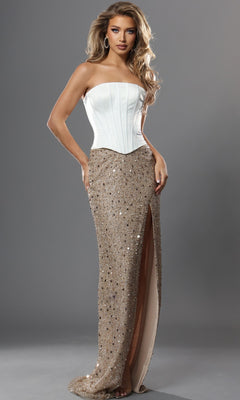 A woman wearing the Jovani 51916 long formal dress, featuring a strapless white corset bodice top and a floor-length gold sequin sheath skirt with a high slit, stands against a plain gray background.