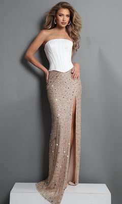 Wearing the Jovani 51916 long formal dress in off white/nude, a woman poses against a plain gray background, showcasing the strapless corset bodice and elegant sheath skirt with a shimmering finish and front slit.