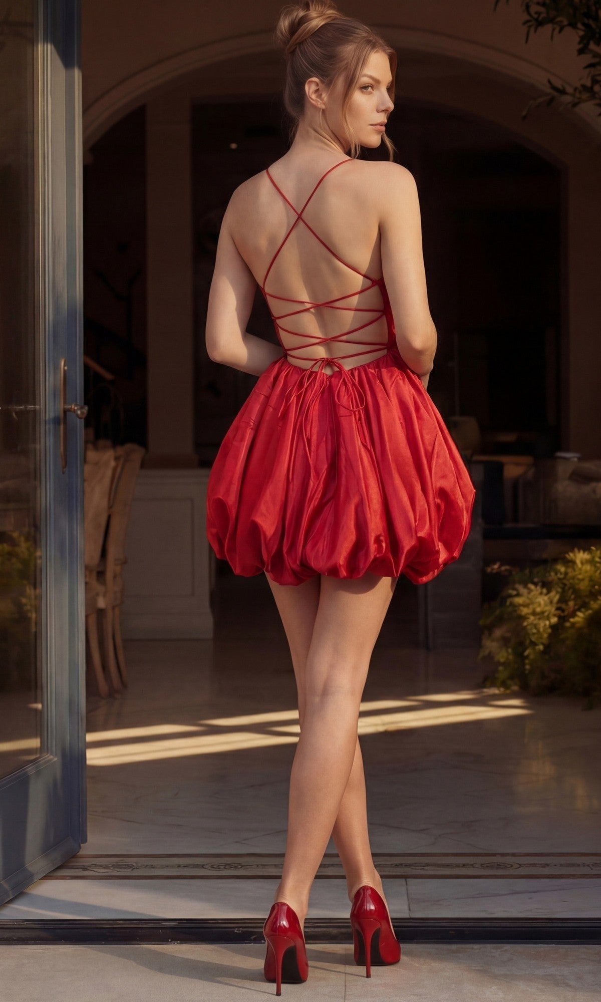 A woman stands indoors facing away from the camera, wearing the Jovani 52145 short homecoming dress—a red mini dress featuring a crisscross open back—paired with red high heels.