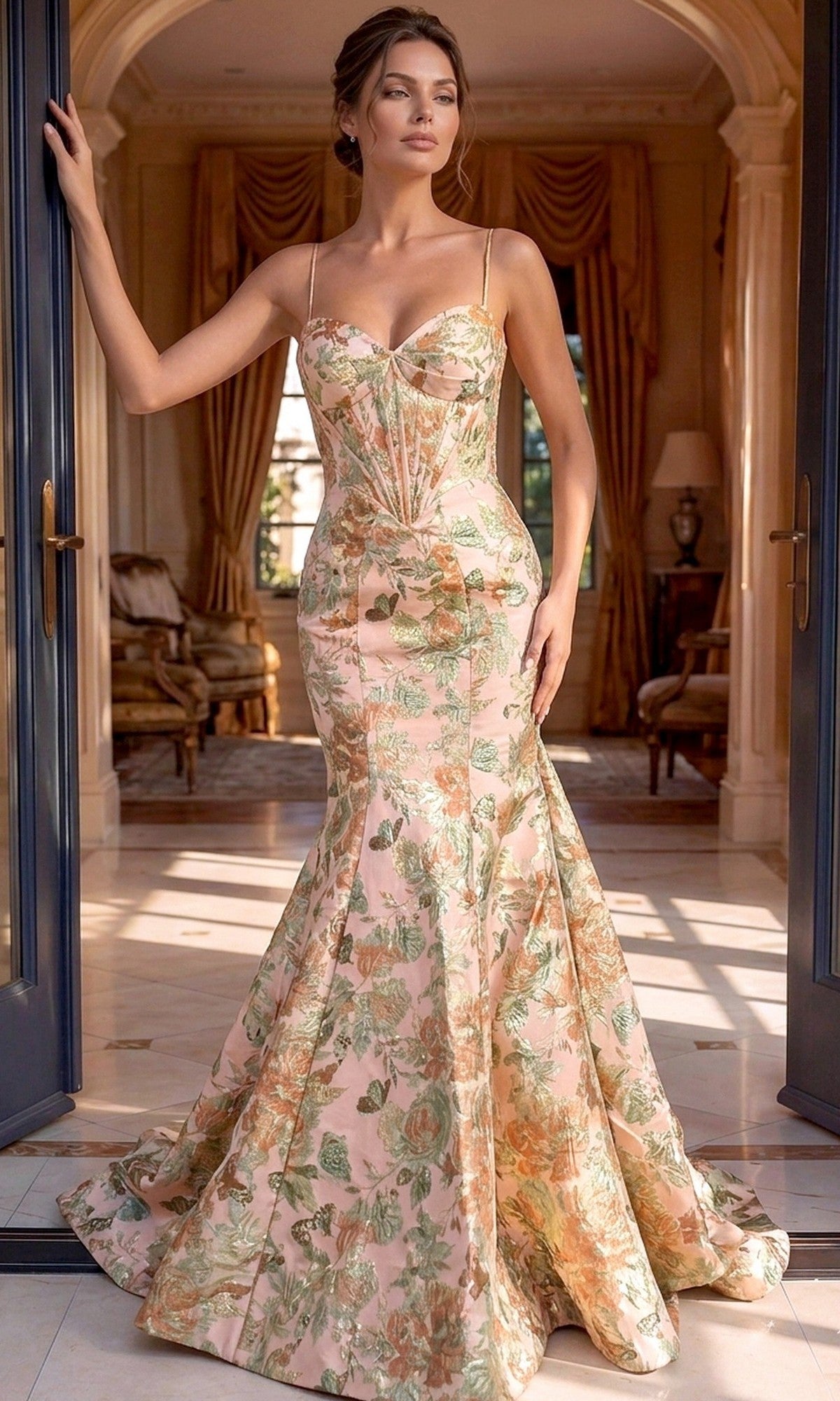 A woman wearing the Jovani 52175 long formal dress, a fitted floral corset gown with thin straps, stands in an elegant, sunlit room adorned with classical decor.
