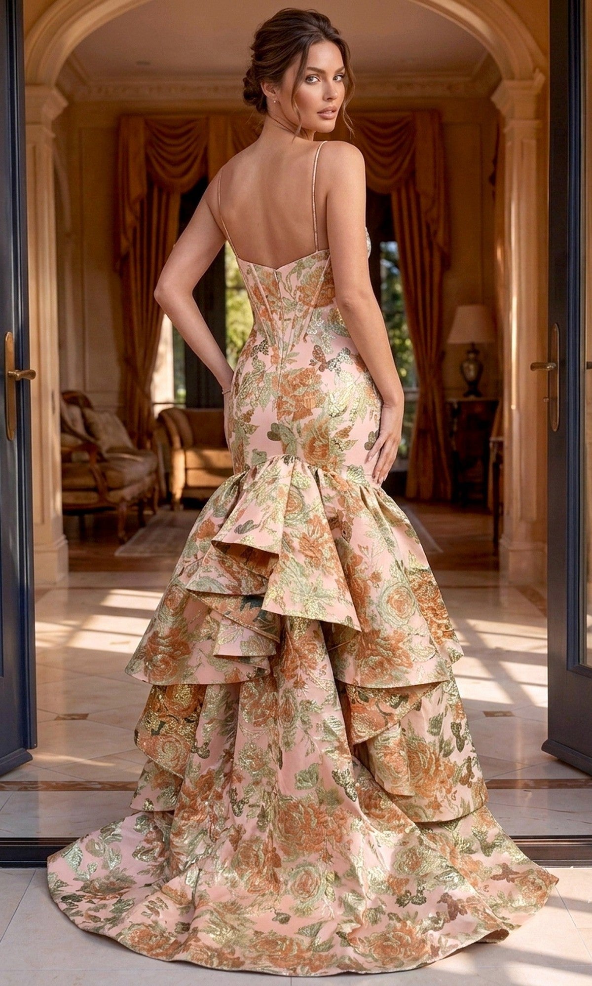 A woman wearing the elegant Jovani 52175 long formal dress stands in an opulent room, looking over her shoulder. The dress features a stunning floral corset bodice with delicate ruffles and thin straps.