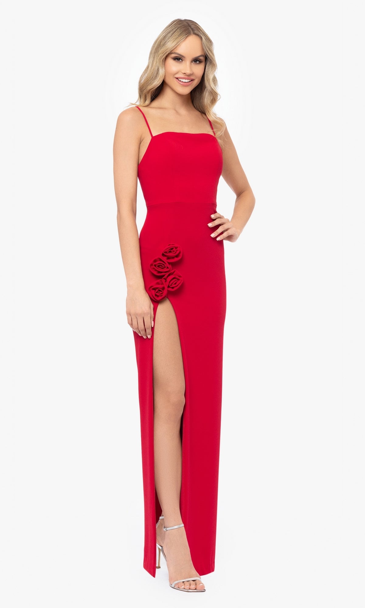 Long Red Prom Dress with Side Rosettes PromGirl Long Red Prom Dress with Side Rosettes PromGirl