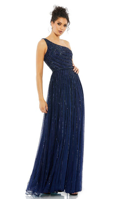 A woman elegantly poses against a white background wearing the Mac Duggal 5220, a one-shoulder beaded formal dress with a floor-length, pleated, sequined design.